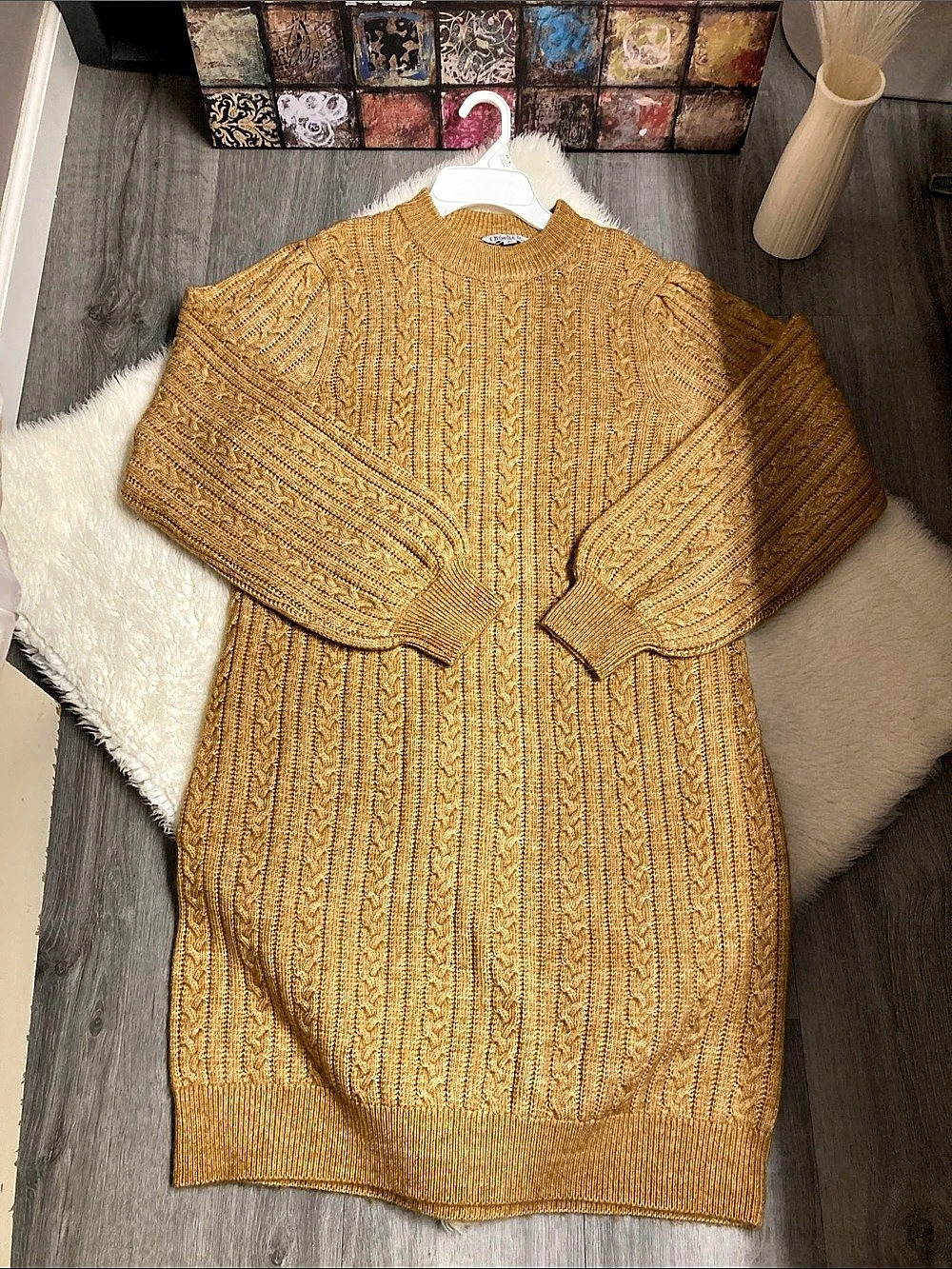 Ophelia Roe Cable Knit Sweater Dress in Mustard Yellow Women’s XL
